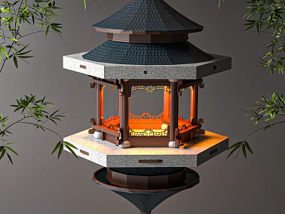 Traditional Pagoda Shaped Chandelier With Black Roof Multi Layered Structure Illuminated Interior And Bamboo Leaves 3d model