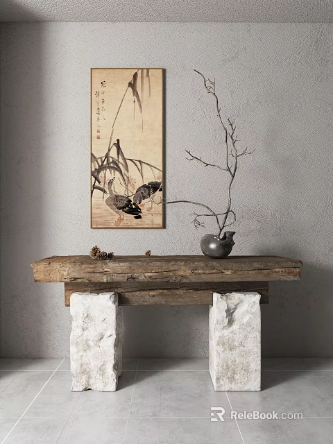 Traditional Chinese Console Table With Wooden Top White Stone Base Gray Vase Twigs And Painting 3d model 