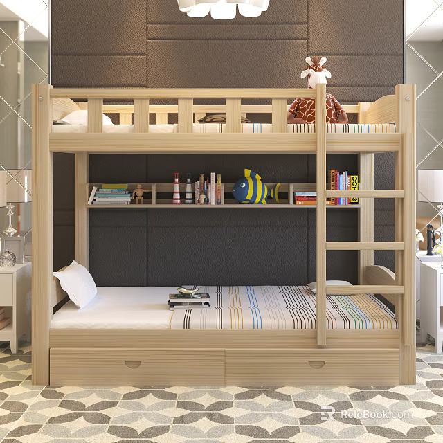 Light Colored Wooden Bunk Bed With Stuffed Giraffe On Top Bunk Bookshelf And Drawers 3d model 
