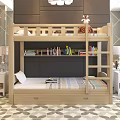 Light Colored Wooden Bunk Bed With Stuffed Giraffe On Top Bunk Bookshelf And Drawers