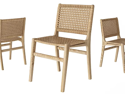 Modern Minimalist Dining Chairs With Wooden Frame And Rattan Backrest Three Piece Set 3d model
