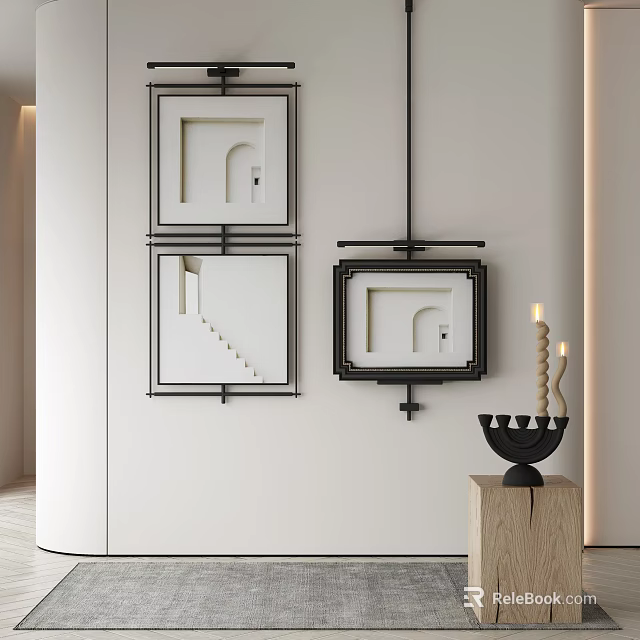 Modern Minimalist Wall With Black Framed Artworks Wooden Pedestal And Lit Candles 3d model 