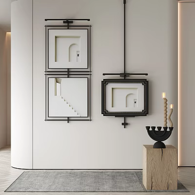 Modern Minimalist Wall With Black Framed Artworks Wooden Pedestal And Lit Candles 3d model