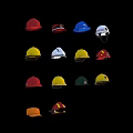 Multiple Safety Hats In Various Colors And Styles Displayed On Black Background
