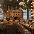 Cozy Café Interior Featuring Wooden Tables Chairs Chandeliers Green Plants Brick Bar And Large Windows