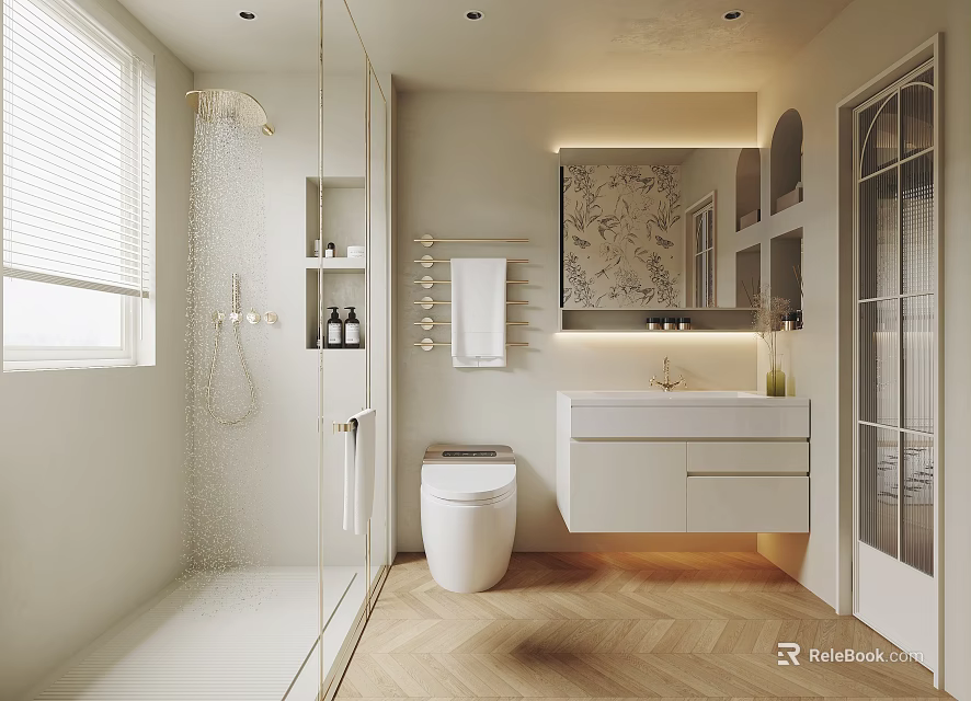Minimalist Bathroom Interior With Glass Shower White Toilet Vanity Mirror And Wooden Flooring 3d model 