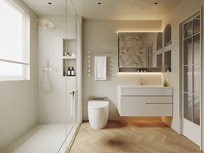 Minimalist Bathroom Interior With Glass Shower White Toilet Vanity Mirror And Wooden Flooring 3d model