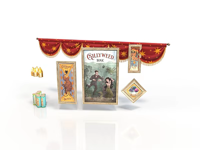 Gallyweed Themed Decorative Scene With Red Star Banner Posters Gift Box And Golden Accents 3d model