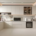 Modern Kitchen Interior Design With White Cabinets Open Shelves Microwave Oven And Refrigerator