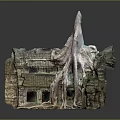 Cartoon Scene of Giant Tree Roots Wrapping Ancient Stone Buildings Tile Roofs And Square Windows