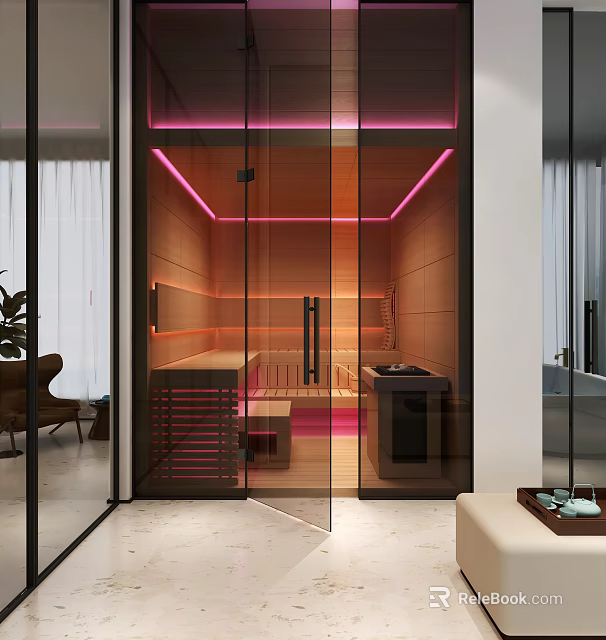Modern Steam Shower Sauna Interior With Glass Doors Wooden Panels And Pink Lighting 3d model 