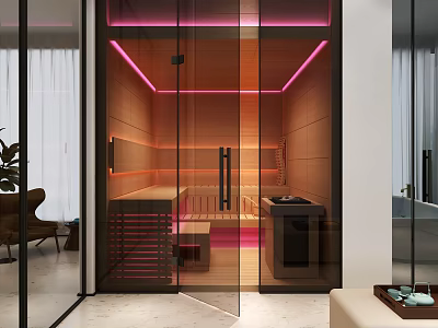 Modern Steam Shower Sauna Interior With Glass Doors Wooden Panels And Pink Lighting 3d model