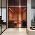 Modern Steam Shower Sauna Interior With Glass Doors Wooden Panels And Pink Lighting