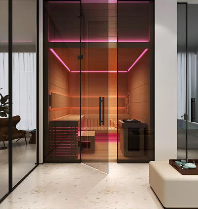 Modern Steam Shower Sauna Interior With Glass Doors Wooden Panels And Pink Lighting 3d model