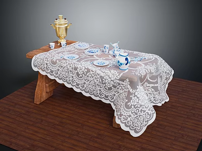 Wooden Coffee Table With White Lace Tablecloth And Gold Teapot Blue Teacups Plates 3d model