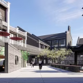 Modern Commercial Street Featuring Contemporary Buildings Waterfront Promenade And Pedestrians Walking Under Blue Sky