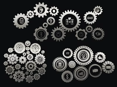 Mechanical Gear Design With Various Icon Elements And Interconnected Cogs 3d model