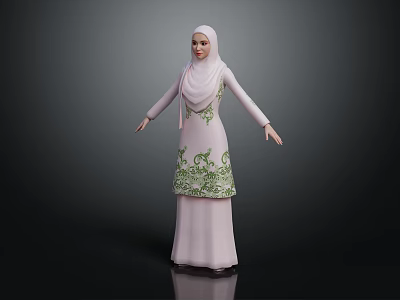 Woman Wearing Traditional Pink Dress With Green Embroidery And Hijab Standing 3d model