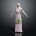 Woman Wearing Traditional Pink Dress With Green Embroidery And Hijab Standing