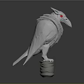 Detailed Mythical White Bird Sculpture With Horned Head Red Eyes On Cylindrical Base