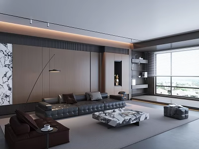 Elegant Modern Living Room Interior With Black Leather Sofa Marble Coffee Table And Large Window 3d model