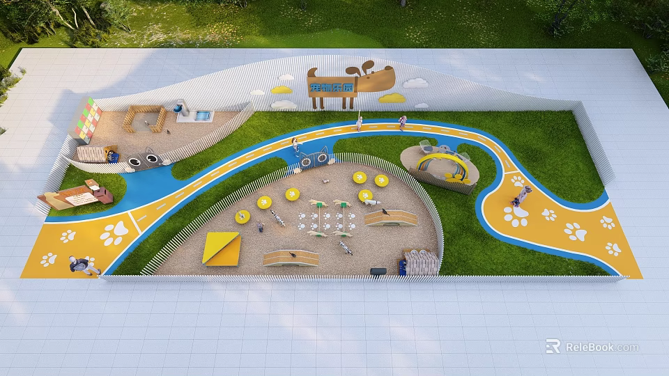 Vibrant Children's Play Area With Green Lawn Colorful Track Sandpit Circular Mats And Animal Decorations 3d model 