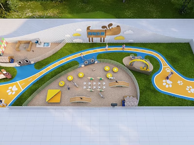 Vibrant Children's Play Area With Green Lawn Colorful Track Sandpit Circular Mats And Animal Decorations 3d model