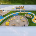 Vibrant Children's Play Area With Green Lawn Colorful Track Sandpit Circular Mats And Animal Decorations