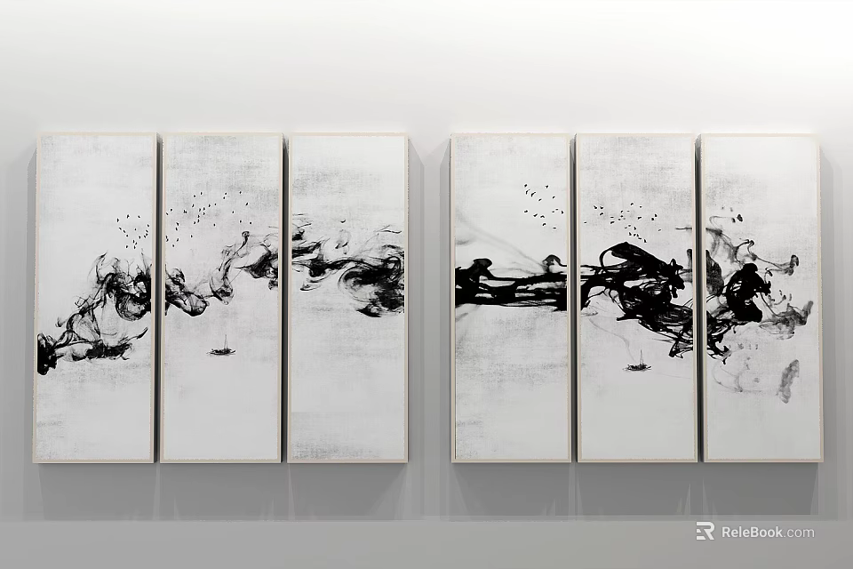 Six Panel Black White Ink Style Abstract Paintings With Fluid Lines Ink Splatters Hanging Wall 3d model 