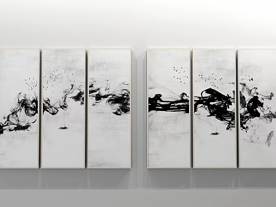 Six Panel Black White Ink Style Abstract Paintings With Fluid Lines Ink Splatters Hanging Wall 3d model