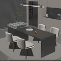 Modern Open Kitchen Interior With Marble Island Dining Table And White Chairs