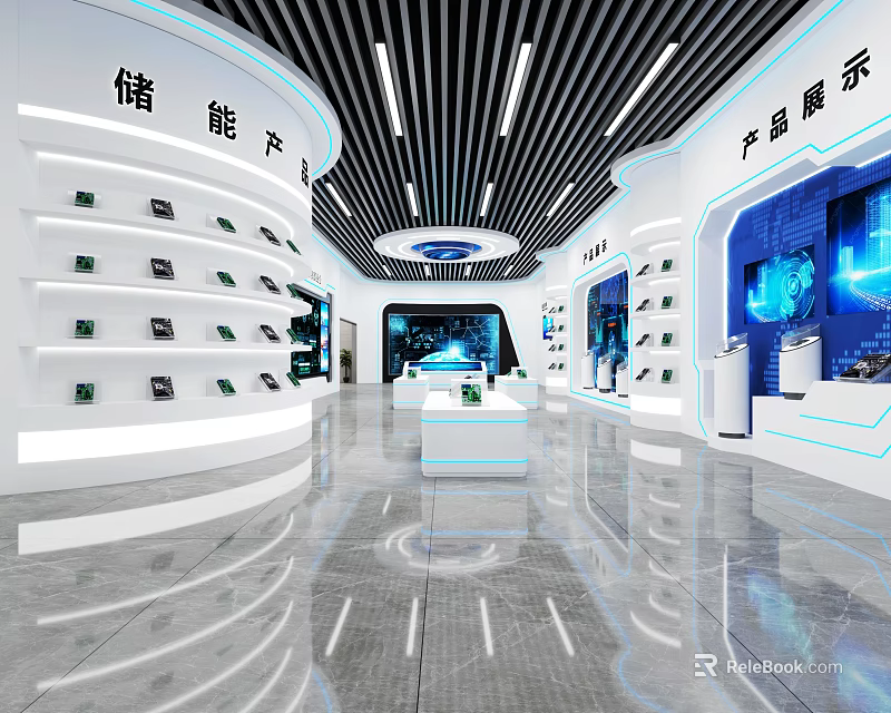 Hi tech Energy Storage Products Exhibition Hall With White Walls Curved Racks And Blue Screens 3d model 