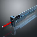 3D Rendered Metallic Sword With Blue Blade Red Hilt And Mechanical Design Details