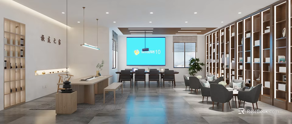 Modern Casual Lounge Interior Design With Large Screen Tables And Green Plants 3d model 