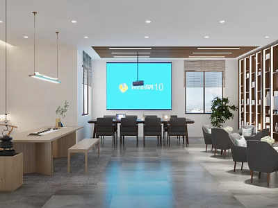 Modern Casual Lounge Interior Design With Large Screen Tables And Green Plants 3d model