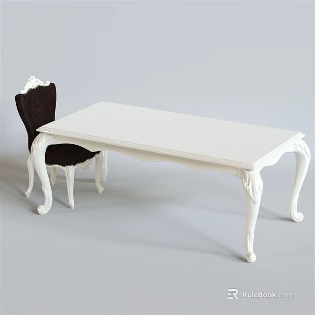 Classic White Dining Table Set With Ornate Carved Legs And Dark Brown Upholstered Chair 3d model 
