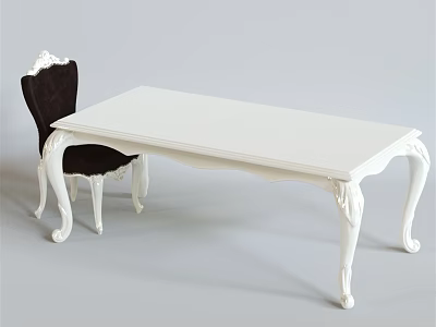 Classic White Dining Table Set With Ornate Carved Legs And Dark Brown Upholstered Chair 3d model