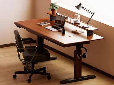 Functional Wooden Standing Desk With Laptop Desk Lamp Potted Plant And Black Office Chair 3d model