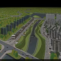 Scenic Commercial Street With Riverside Greenery And Surrounding Modern Buildings