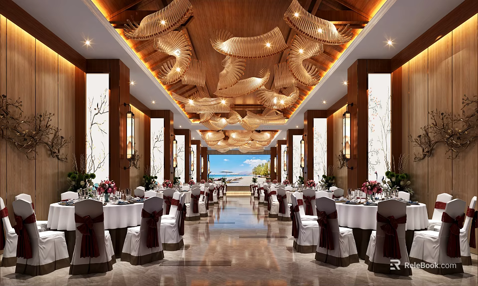 Banquet Hall With Elegant Ceiling Decor Wooden Walls White Tablecloths Red Accents And Ocean View 3d model 
