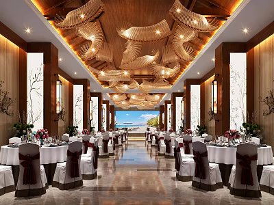 Banquet Hall With Elegant Ceiling Decor Wooden Walls White Tablecloths Red Accents And Ocean View 3d model