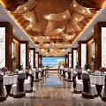 Banquet Hall With Elegant Ceiling Decor Wooden Walls White Tablecloths Red Accents And Ocean View