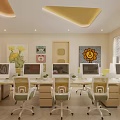 School Reading Room With Bookshelves Round Tables Colorful Chairs And Triangle Ceiling Lights