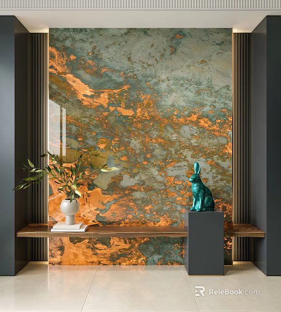 Modern Luxury Entryway Cabinet Sideboard with Marble Texture Background Green Plant and Decorative Ornament 3d model 