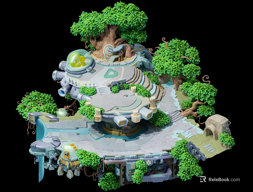 Cartoon Fantasy Scene With Lush Trees Round Platform And Glowing Stone Structures 3d model