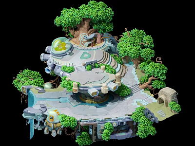 Cartoon Fantasy Scene With Lush Trees Round Platform And Glowing Stone Structures 3d model