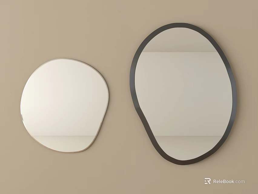 Two Wall Mirrors White Frame Round And Black Frame Irregular Design On Beige Wall 3d model 