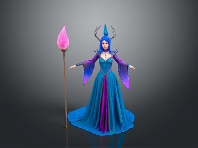 Fantasy Woman in Blue and Purple Long Dress with Horned Headdress Holding Pink Torch 3d model