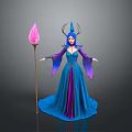 Fantasy Woman in Blue and Purple Long Dress with Horned Headdress Holding Pink Torch