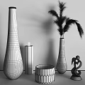 Modern Decorative Ornament Set with Black Vases Orange Accents White Candle Sculpture and Pampas Grass